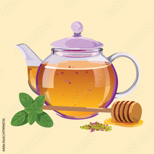 A clear teapot filled with golden liquid, with a single honeycomb piece and a sprig of fresh mint leaves - Vector Illustration