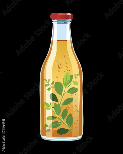 A tall, slender glass bottle filled with a vibrant yellow liquid, decorated with fresh mint leaves and a lemon slice - Vector Illustration