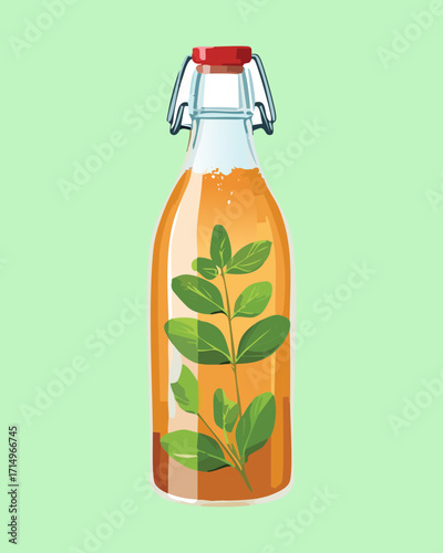 A stylish glass bottle containing a refreshing iced beverage with mint leaves and a slice of orange - Vector Illustration