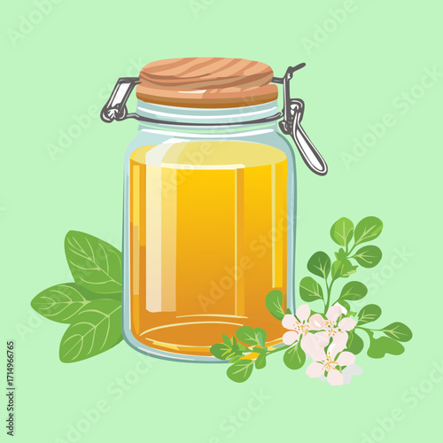 A clear glass jar filled with honey, decorated with a mint sprig, a slice of orange and tiny floral elements - Vector Illustration