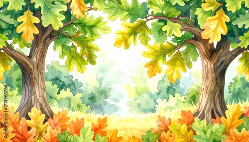Watercolor Painting of Two Oak Trees in Autumn, with Golden and Green Leaves