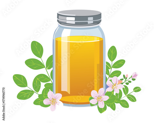 A transparent glass jar filled with honey, a wooden honey dipper inside and decorated with leaves and flowers - Vector Illustration