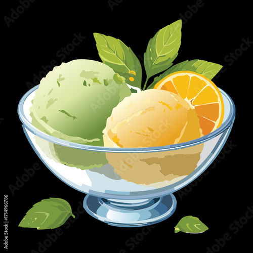 Two scoops of ice cream, one lemon and one pistachio, in a glass bowl garnished with a lemon slice - Vector Illustration

