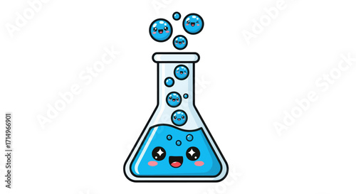 Cute Cartoon Erlenmeyer Flask with Blue Bubbling Liquid and Kawaii Face.