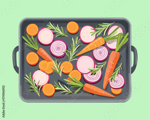 A baking sheet filled with a delicious mix of roasted carrots, onions, and garlic, seasoned with rosemary - Vector Illustration
