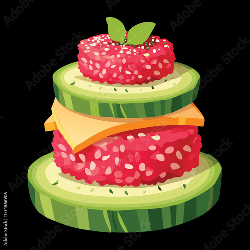 A colorful and whimsical burger with fresh vegetables, cheese, and a juicy patty on a sesame seed bun - Vector Illustration
