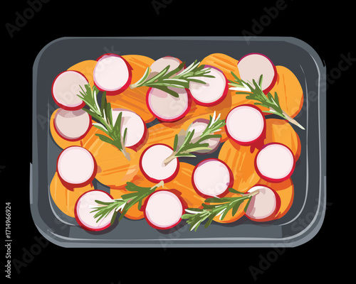 A baking sheet filled with perfectly roasted carrots and onions, seasoned with fresh herbs and olive oil - Vector Illustration
