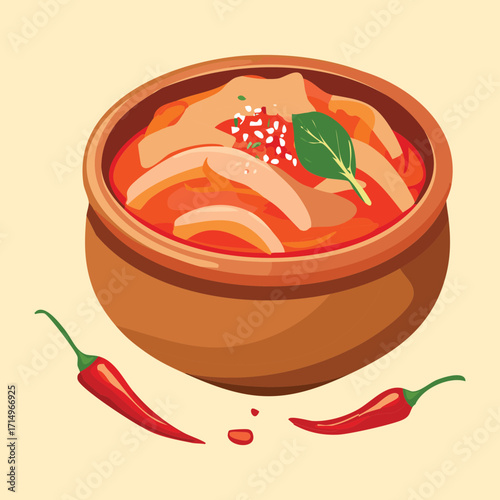A rustic bowl of red bean paste with chili peppers, a traditional and flavorful dip or sauce, great for sharing - Vector Illustration
