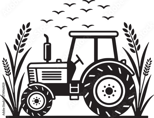 Tractor silhouette with birds isolated on white background for agricultural themes