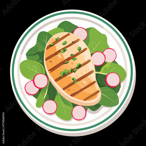Grilled chicken with a side of fresh greens and radish slices on a clean, modern white plate, a balanced meal - Vector Illustration

