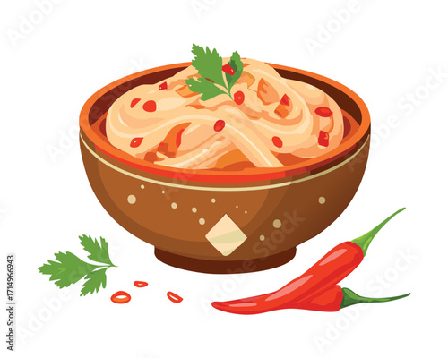 A simple bowl of delicious bibimbap, a classic Korean rice dish topped with various vegetables and a fried egg - Vector Illustration
