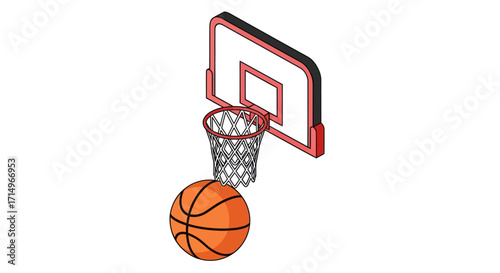 Isometric Basketball and Hoop with Net Illustration.