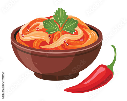 Spicy kimchi jjigae, a hearty and flavorful Korean stew with pork and tofu, served in a rustic earthenware bowl - Vector Illustration
