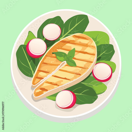 A beautifully arranged plate of roasted salmon with crispy skin, served with fresh greens and thinly sliced radish - Vector Illustration
