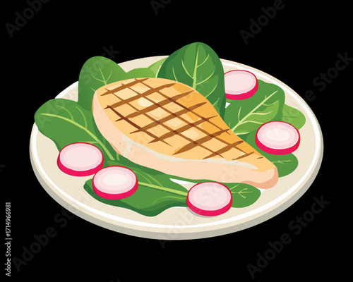 Grilled chicken breast on a bed of fresh greens and radish slices with a light dressing on a white plate - Vector Illustration
