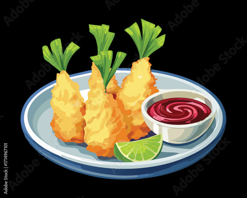 A delicious serving of crispy shrimp tempura with a bowl of dipping sauce and a slice of lime, an elegant dish - Vector Illustration