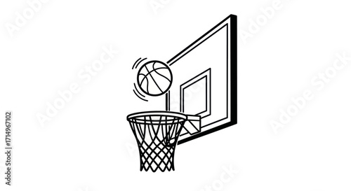 Black and White Basketball Hoop with Ball in Motion.