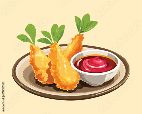 A plate of golden-fried shrimp tempura with a side of rich dipping sauce, a delightful and crunchy appetizer - Vector Illustration