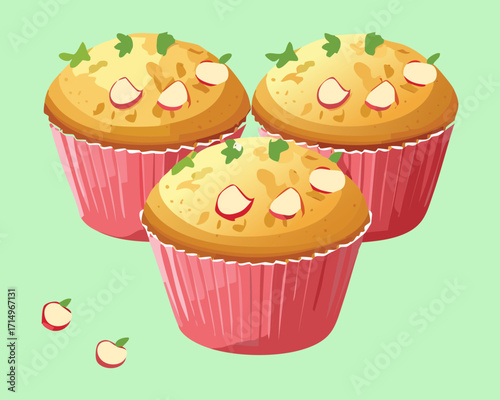  Three delightful savory cupcakes topped with fresh radish slices, seeds, and herbs, a charming party food - Vector Illustration