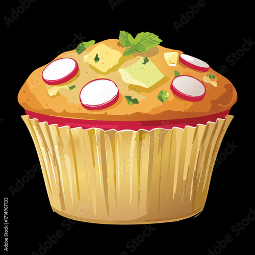 A single savory cupcake with radish slices and fresh herbs on top, a unique and delicious snack or appetizer - Vector Illustration