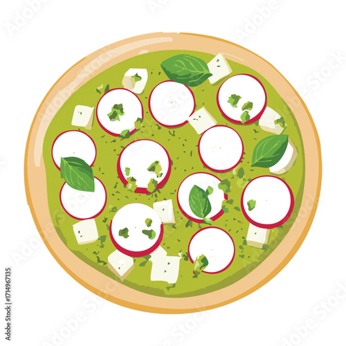 A round flatbread topped with fresh radish slices, soft cheese, and herbs, a healthy and delicious light meal - Vector Illustration