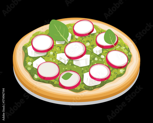  A beautiful round pizza with a light, creamy white sauce, adorned with green pesto swirls and fresh radish toppings - Vector Illustration