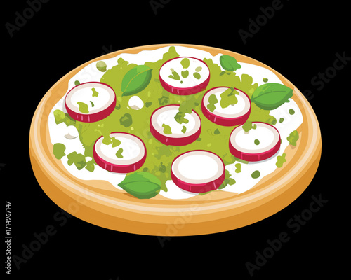 A homemade savory pizza or flatbread with a creamy base, topped with green pesto and fresh, crisp radish slices - Vector Illustration