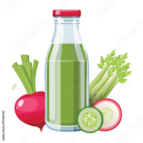 A bottle of nourishing green juice, a perfect health drink made from fresh vegetables like celery, cucumber, and apple - Vector Illustration