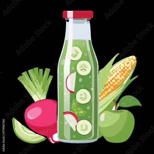 A clear bottle filled with a vibrant green vegetable juice, a healthy and rejuvenating drink with various fresh ingredients - Vector Illustration