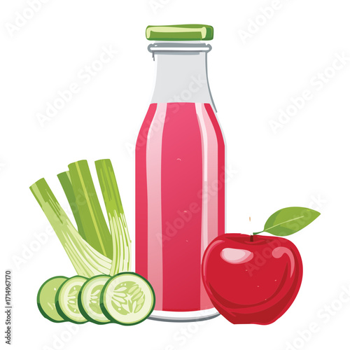 A bottle of freshly squeezed juice next to whole apples and green celery, representing a healthy and nutritious drink - Vector Illustration