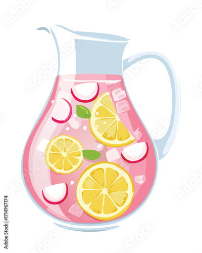 A beautiful glass jar holding a sweet and sour pink beverage, with sliced lemons and radishes, a perfect summer refresher - Vector Illustration