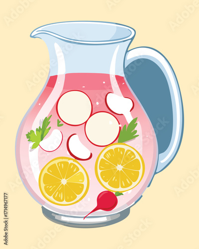 A decorative glass pitcher filled with a sweet pink drink, garnished with slices of fresh citrus and vibrant red radish - Vector Illustration