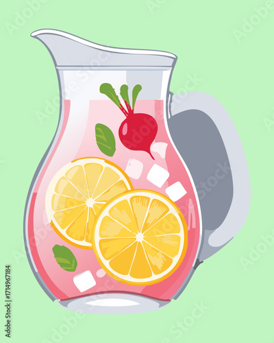 A refreshing and homemade pink lemonade in a glass pitcher, with floating slices of lemon and fresh radish - Vector Illustration