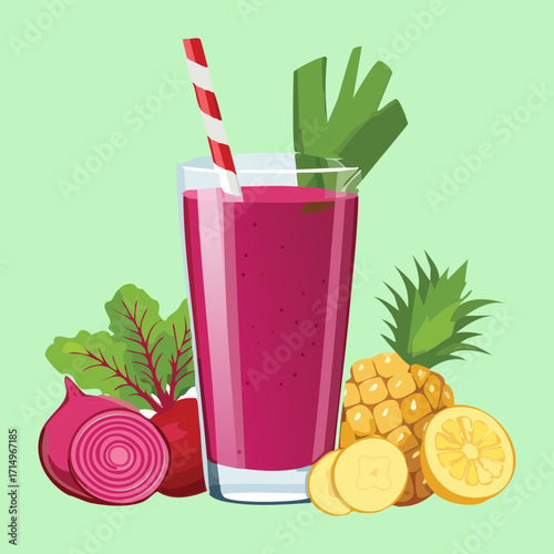  A vibrant and delicious healthy drink with beet and pineapple, served in a glass with a straw for a refreshing boost - Vector Illustration