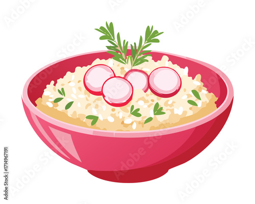 A hearty and wholesome bowl of creamy rice with crunchy radish slices, an ideal healthy and satisfying lunch or dinner - Vector Illustration