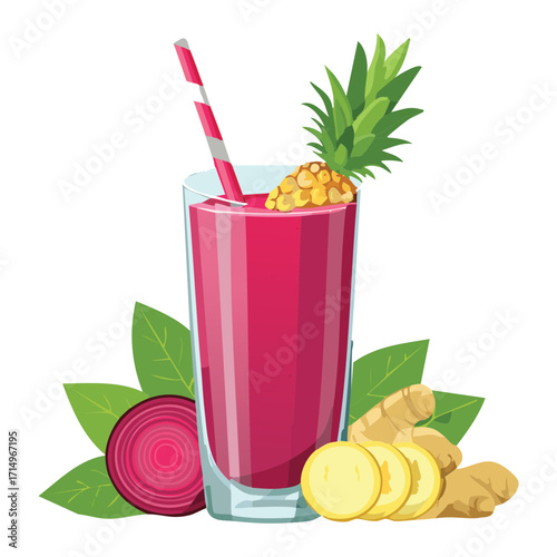 A refreshing and vibrant red juice in a tall glass, with pineapple slices and fresh ginger for a zesty flavor - Vector Illustration