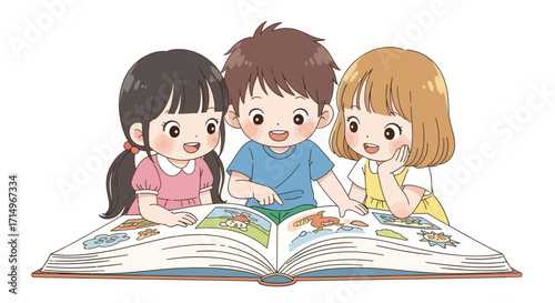 Three Children Enthusiastically Reading a Large Book Together.