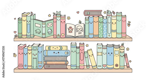 Adorable Cartoon Bookshelves Filled with Colorful Smiling Books.