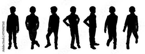 Black silhouette of standing and running child, set. Vector illustration