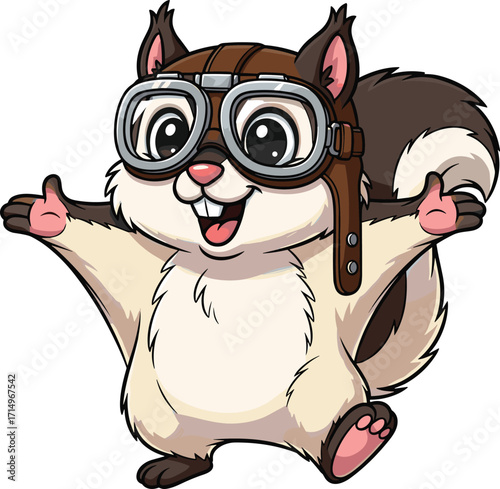 Cartoon flying squirrel illustration with aviator goggles, cute animal character design, adorable vector artwork, funny pilot mascot, wildlife drawing