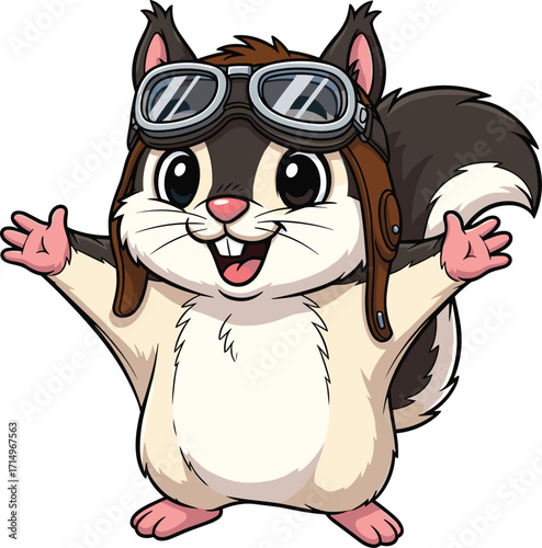 Cartoon flying squirrel wearing aviator goggles, cute animal character design, funny mascot illustration, adorable wildlife vector artwork, pilot animal drawing