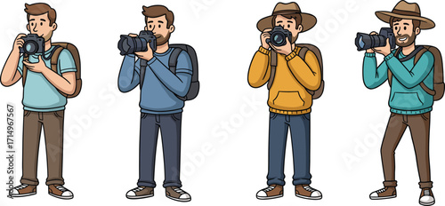 Cartoon male photographer character with camera and backpack, travel photography illustration, man taking photos, outdoor shooting, creative lifestyle design