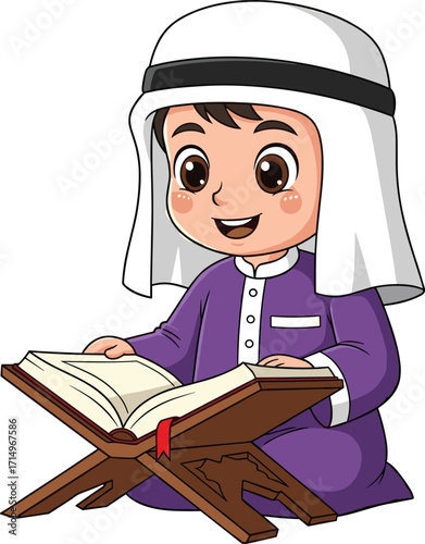 Cartoon Muslim boy reading Quran, cute child studying holy book, Islamic education illustration, religion learning, cultural tradition, cartoon religion art