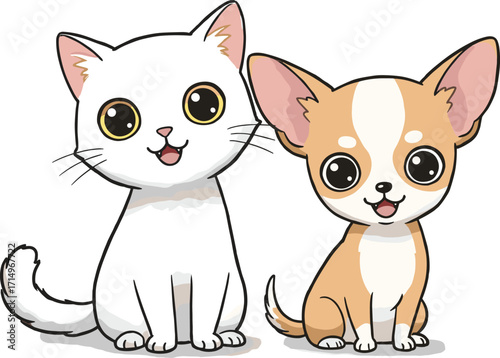Cute cartoon cat and dog sitting together, adorable pet illustration, kawaii animal friends, white cat, chihuahua dog, happy pets