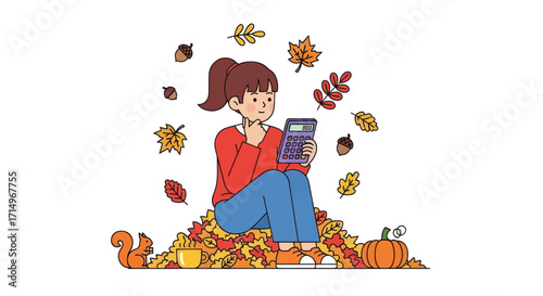 Young Woman Using Tablet Amidst Autumn Leaves.