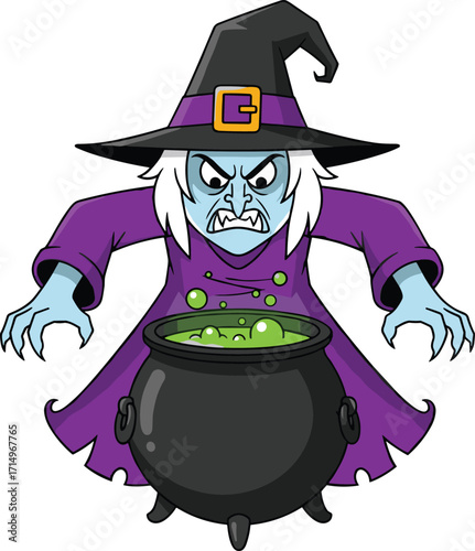 Evil cartoon witch with cauldron, Halloween spooky potion, angry sorceress illustration, scary monster character, fantasy magic art, vector design
