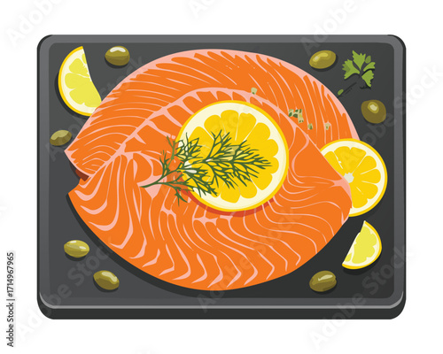 Twin serving of succulent raw salmon fillets drizzled with olive oil and topped with fresh dill and orange slices, ready for a healthy bake - Vector Illustration	