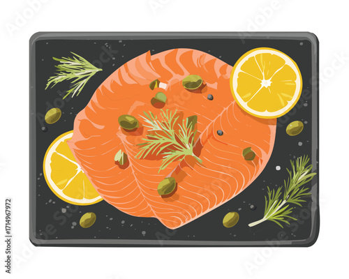 raw salmon fillets seasoned with fresh dill and lemon slices, beautifully arranged on a black baking sheet, ready for the oven - Vector Illustration	