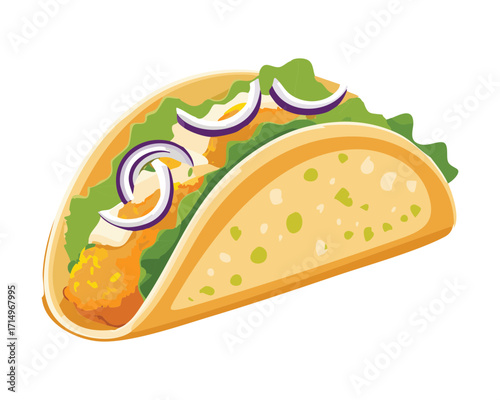 Single fish taco featuring crispy fried fish, red onion rings, and cilantro, served on a soft corn tortilla against a pale yellow background - Vector Illustration	