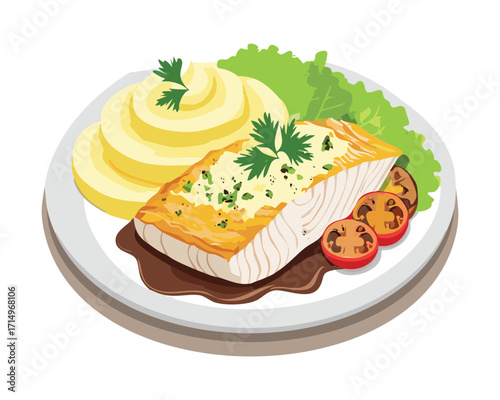 Elegant Roasted Salmon Fillet Topped with Fresh Parsley and Served Alongside Smooth Mashed Potatoes and Cherry Tomatoes - Vector Illustration	